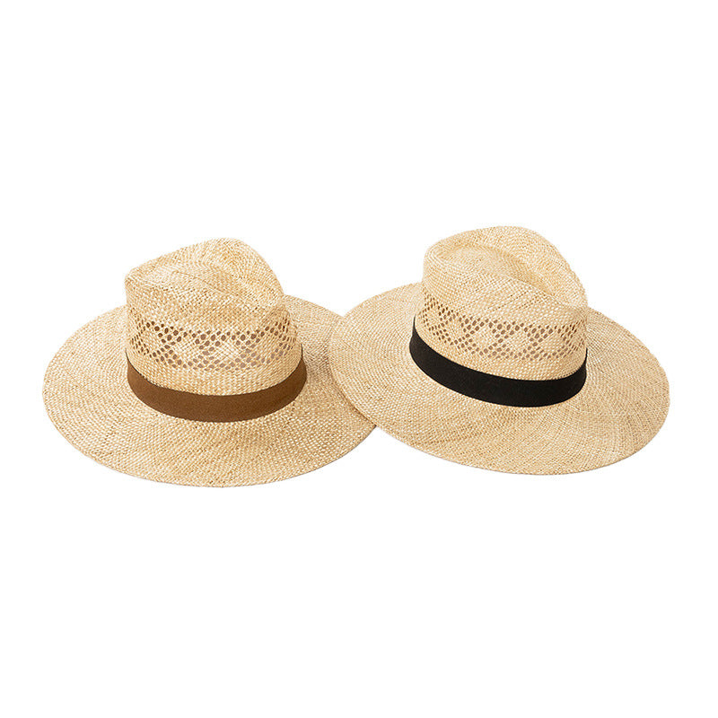 Hand-woven Cotton And Linen Hollow Top Wide Brim Jazz Straw Hat