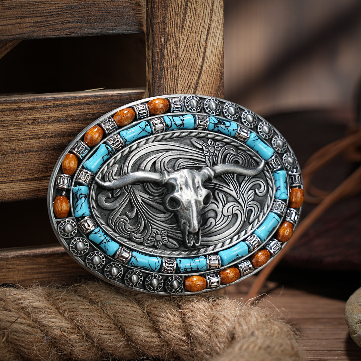 Skull And Cow Head Belt Buckle