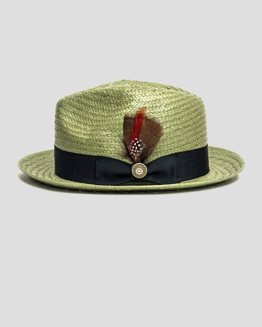 Straw Trilby Fedora Hat - Avocado + Black