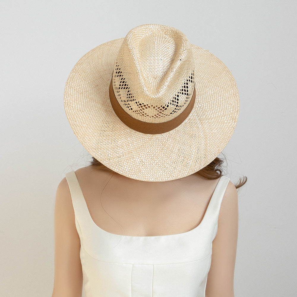 Hand-woven Cotton And Linen Hollow Top Wide Brim Jazz Straw Hat
